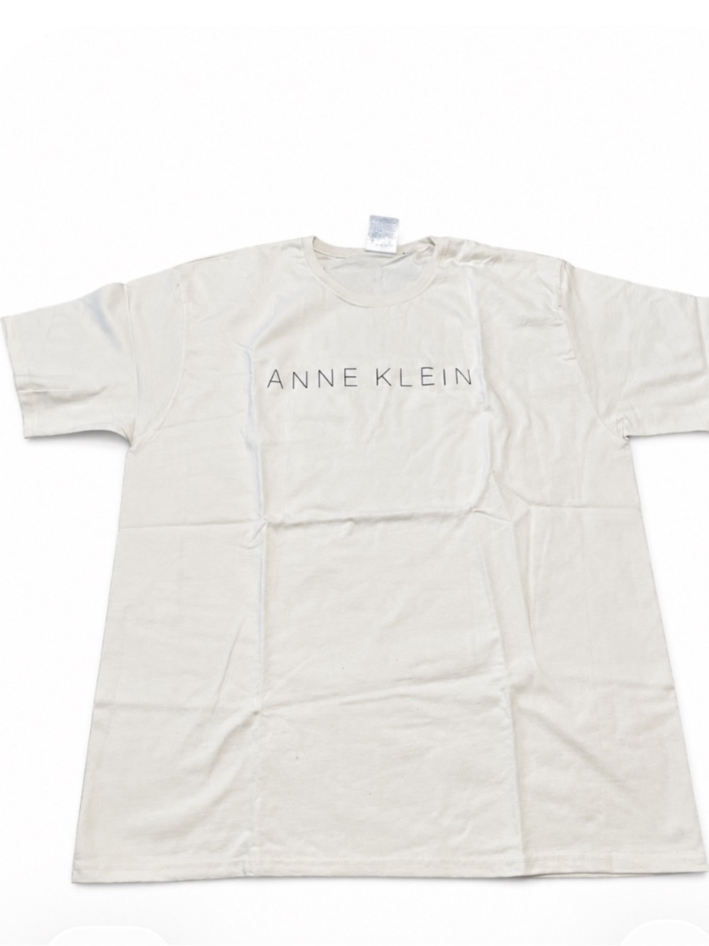 Anne Klein Graphic Tee | Cream Minimalist Logo T-Shirt | Oversized Relaxed Fit